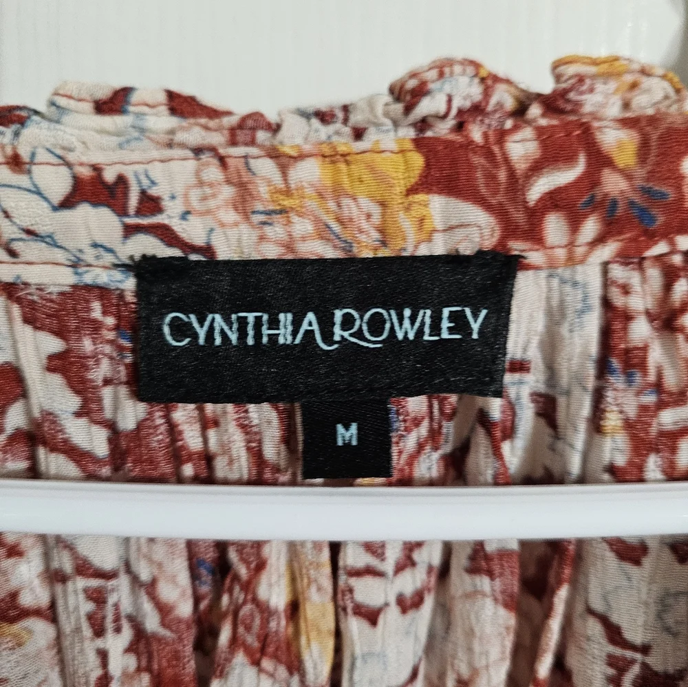 Cynthia Rowley Women’s M Floral Burgundy Crinkle Peasant Blouse Boho Cottagecore - Picture 4 of 6
